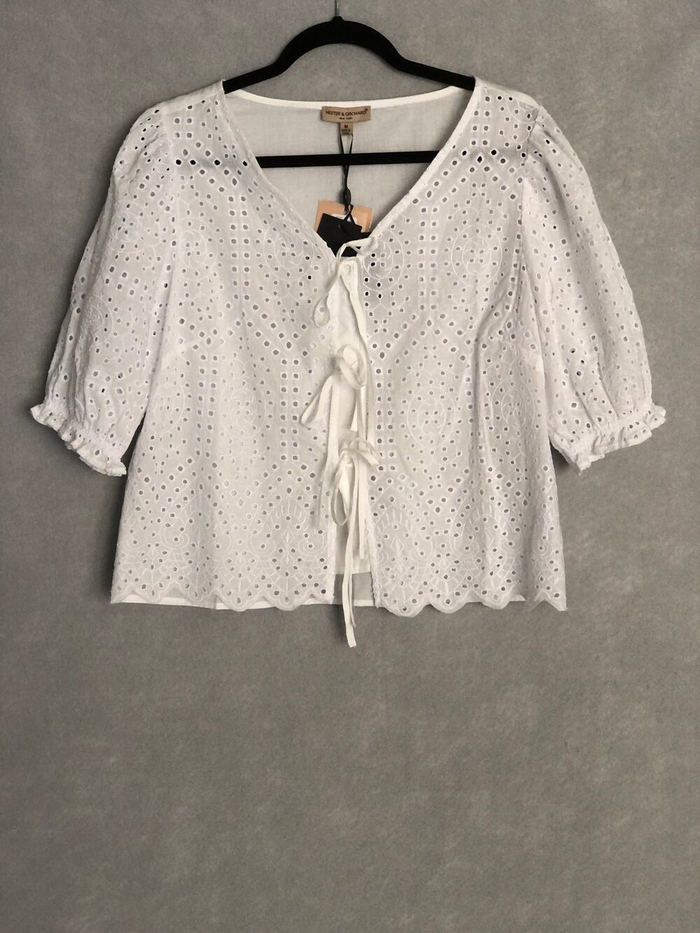 Hester & Orchard Front Tie Top Puff Sleeve White Eyelet Women's Medium NEW